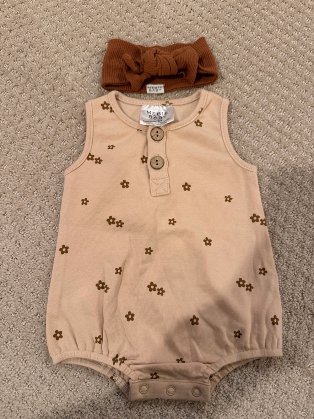 Mebie Baby Cream Floral Sleeveless One-Piece Bodysuit with Brown Headband
